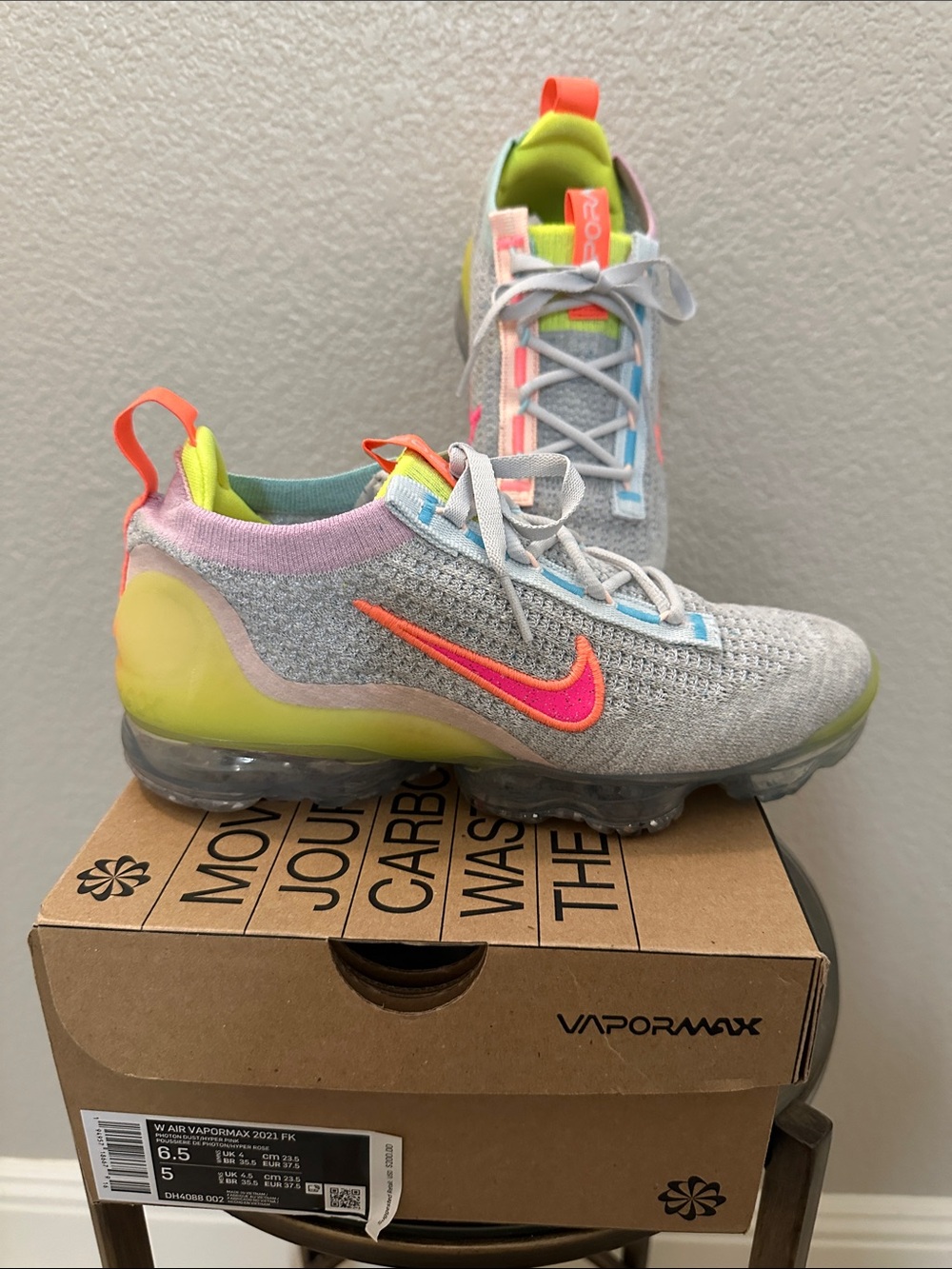 Nike Women’s VaporMax Flyknit Sneakers - Gray with Neon Pink & Yellow-Green